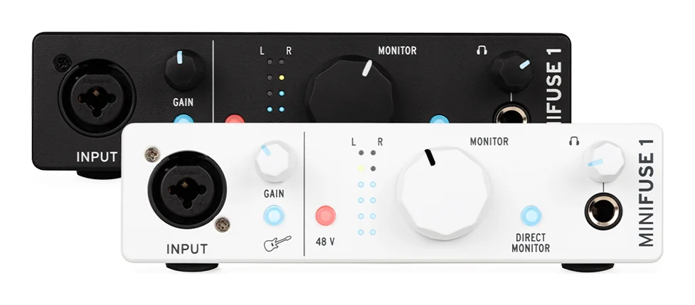 Arturia MiniFuse 1 audio interface in black and white with its single combo input and monitor knob