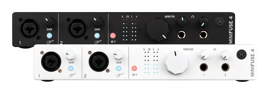Arturia MiniFuse 4 audio interface in black and white with two combo inputs, monitor knob and two headphone outputs