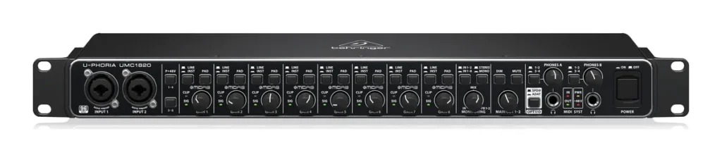 Behringer U-Phoria UMC1820 rack-mount audio interface front panel with combo inputs, gain knobs and headphone outputs