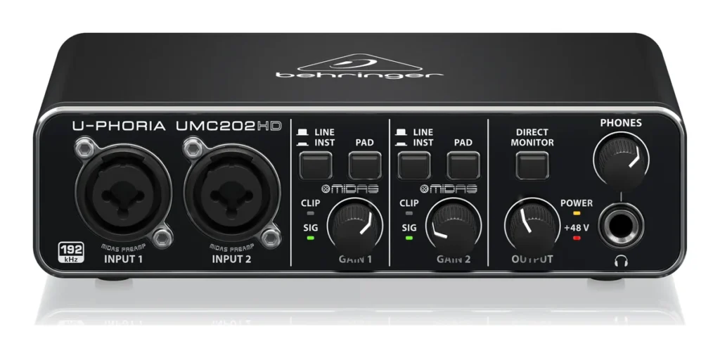 Behringer U-Phoria UMC202HD audio interface with two combo inputs, gain knobs and a headphone output