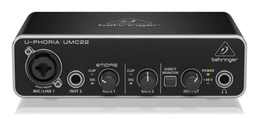 Behringer U-Phoria UMC22 audio interface front panel with one combo input, an instrument input and a headphone output