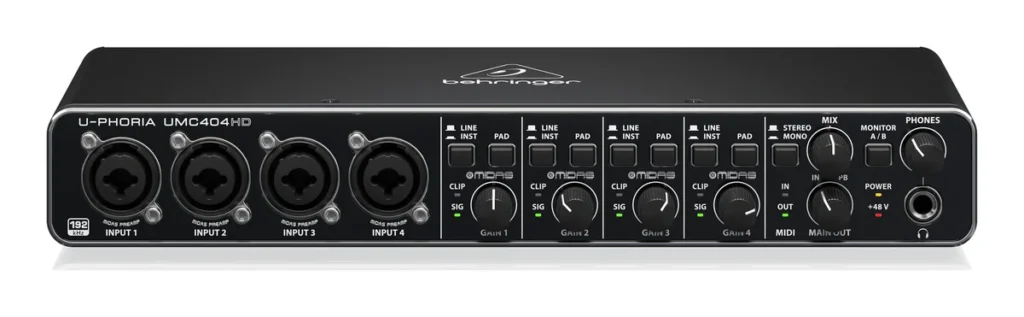 Behringer U-Phoria UMC404HD audio interface with four combo inputs and gain knobs