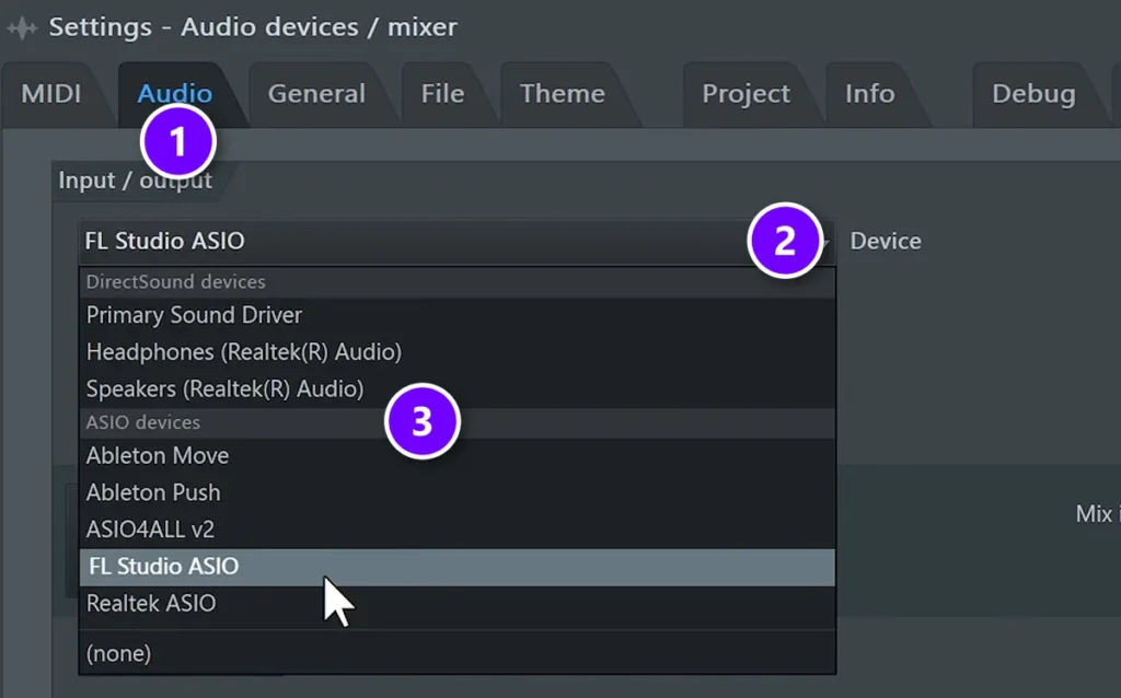 FL Studio Audio settings with the Audio tab numbered 1, the Device menu numbered 2 and the ASIO devices list numbered 3