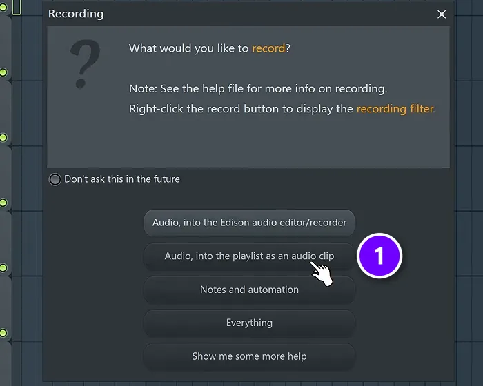 FL Studio Recording window with Audio, into the playlist as an audio clip numbered 1