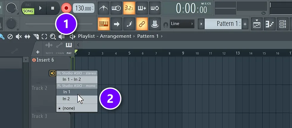 FL Studio record button numbered 1 and a Playlist track input menu with In 1 and In 2 numbered 2