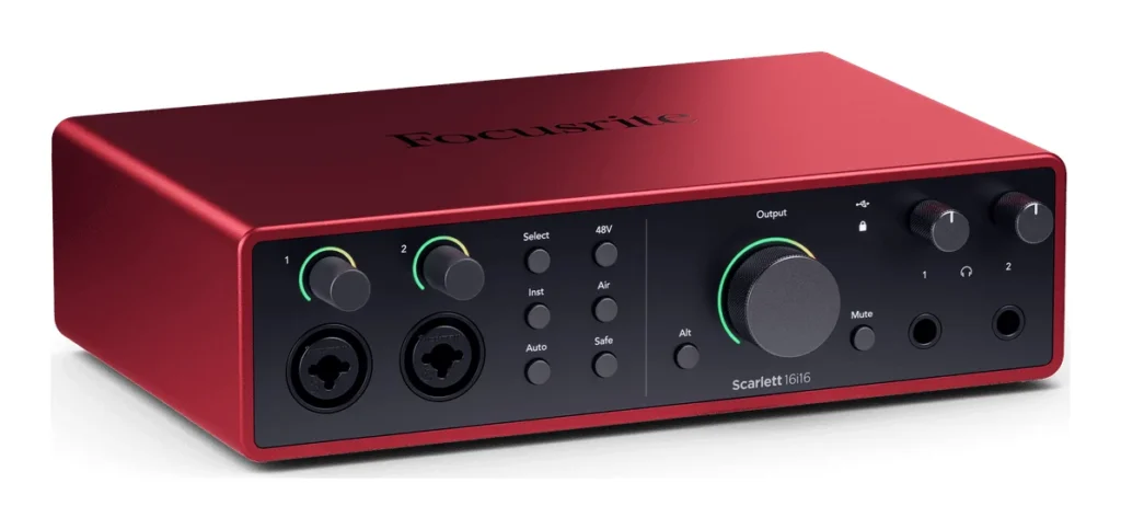 Focusrite Scarlett 16i16 4th Gen audio interface in red with two combo inputs, monitor knob and two headphone outputs
