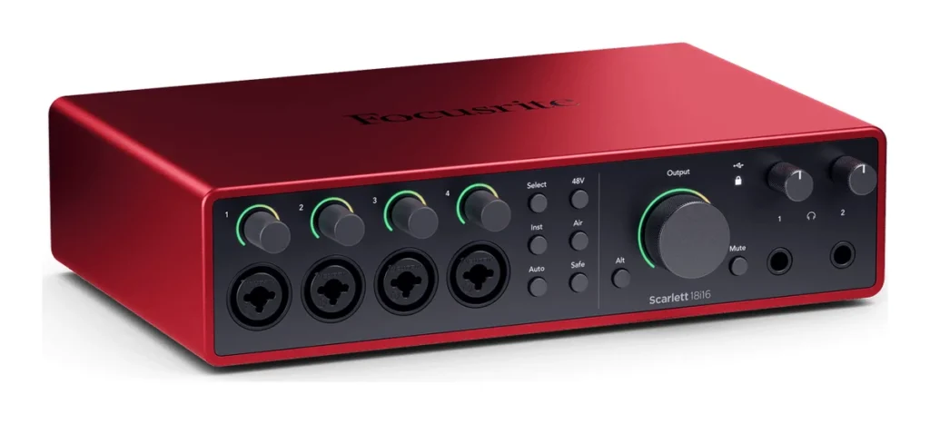 Focusrite Scarlett 18i16 4th Gen audio interface in red with four combo inputs and two headphone outputs