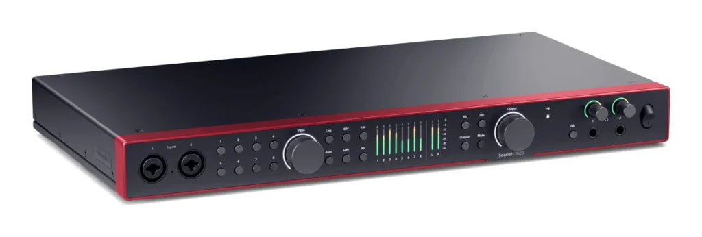 Focusrite Scarlett 18i20 4th Gen rack audio interface with eight preamps and level meters