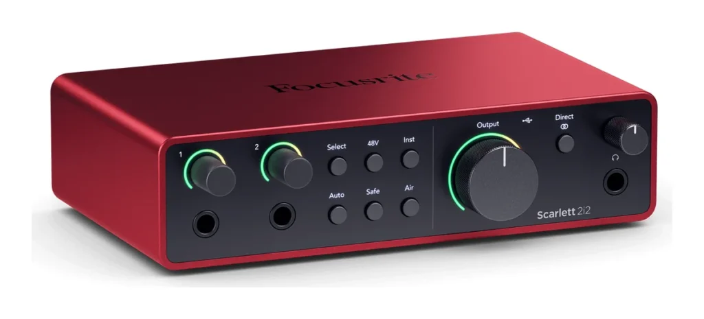 Focusrite Scarlett 2i2 4th Gen audio interface with two gain knobs, Auto and Safe buttons and the output knob