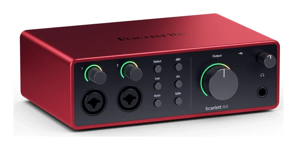 Focusrite Scarlett 4i4 4th Gen audio interface with two gain knobs, 48V, Air and Safe buttons