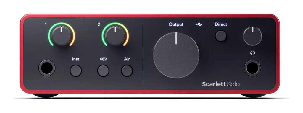 Focusrite Scarlett Solo 4th Gen audio interface front panel with mic and instrument gain knobs
