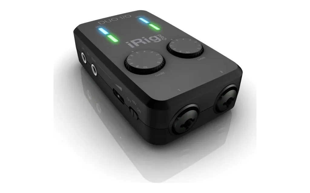IK Multimedia iRig Pro Duo I/O pocket audio interface with two gain knobs and combo inputs on the side
