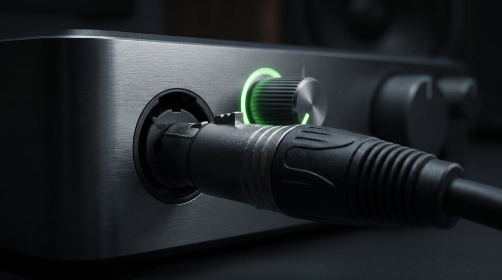 Close-up of an XLR microphone cable plugged into an audio interface input, with the gain knob glowing green beside it