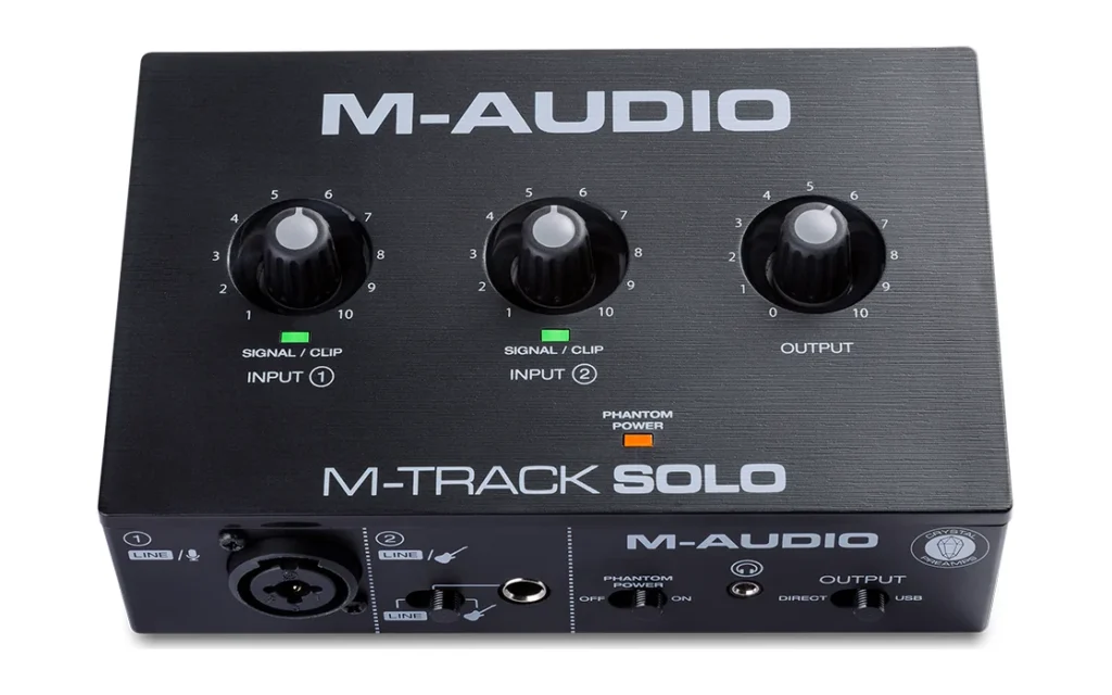 M-Audio M-Track Solo audio interface with two input gain knobs, an output knob, a combo input and a phantom power switch