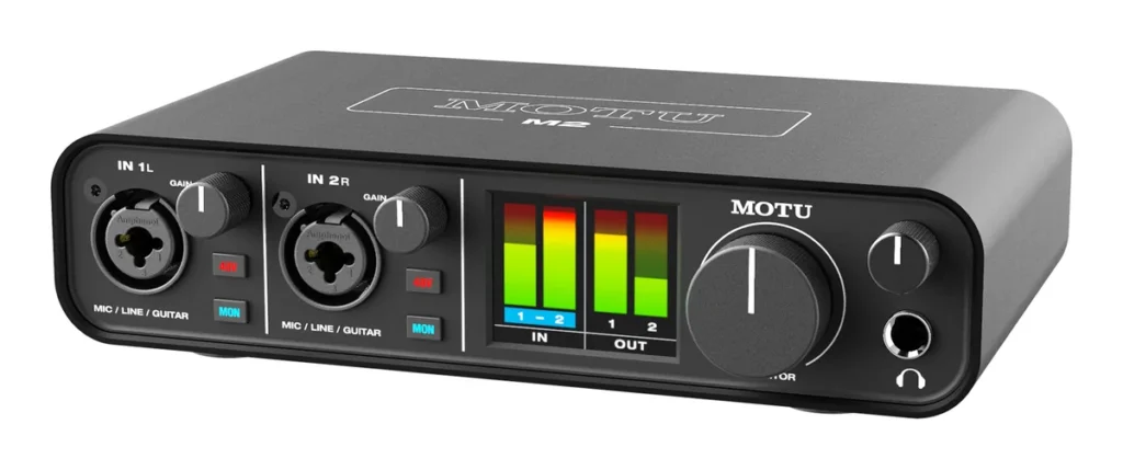 MOTU M2 audio interface with two combo inputs and its full-color level meter screen