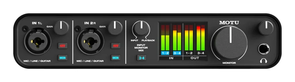 MOTU M4 audio interface front panel with two combo inputs, monitor controls and its full-color level meter screen