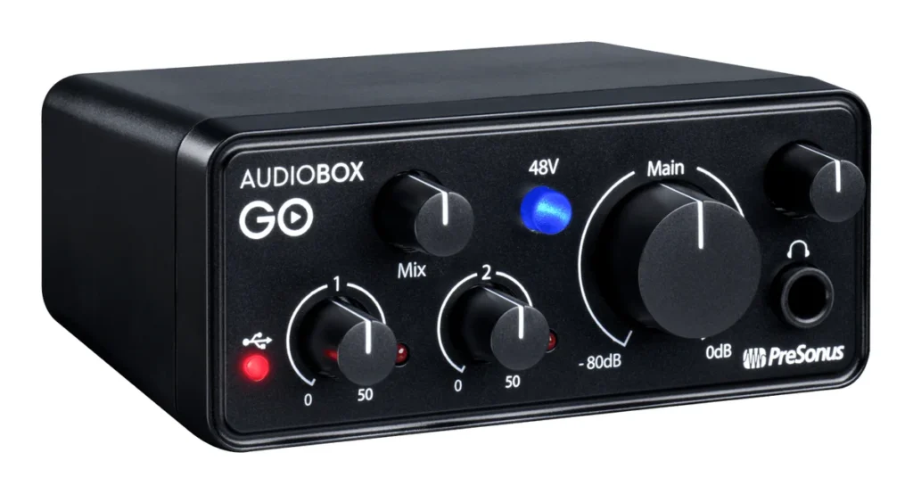 Fender Studio AudioBox Go (formerly PreSonus AudioBox GO) pocket audio interface with two gain knobs, a Mix knob, a blue 48V button and a headphone output