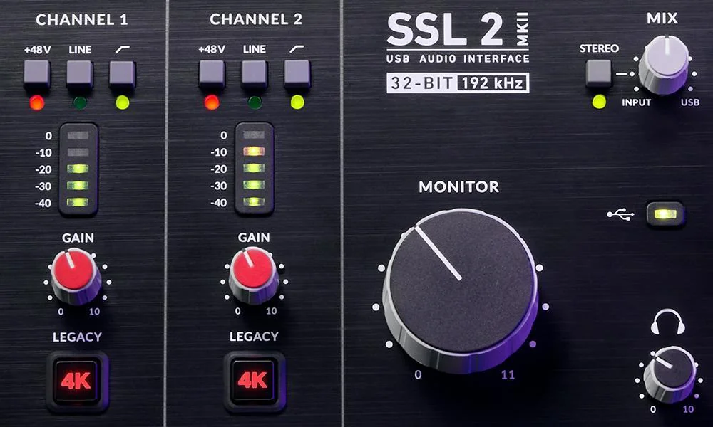 SSL 2 MKII audio interface seen from above with its 48V, Line and Legacy 4K buttons and monitor knob