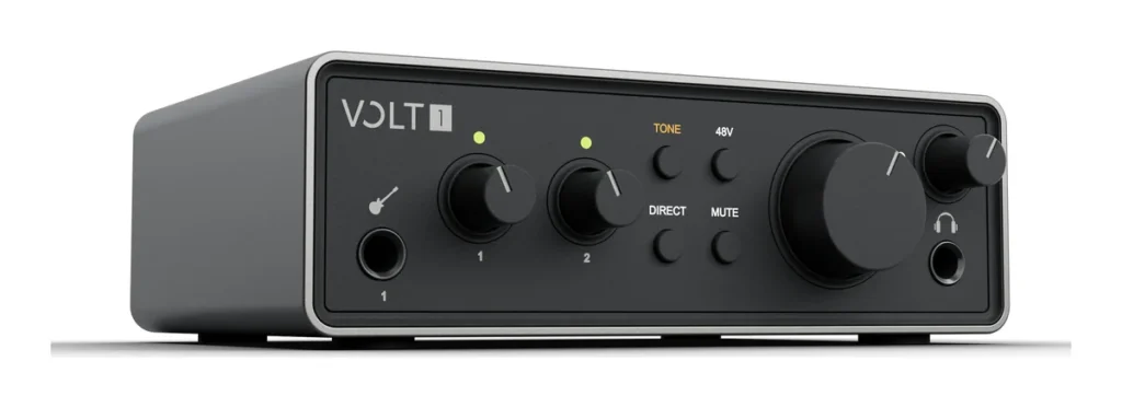 Universal Audio Volt 1 Gen 2 audio interface in silver and black with gain and monitor knobs and tone buttons