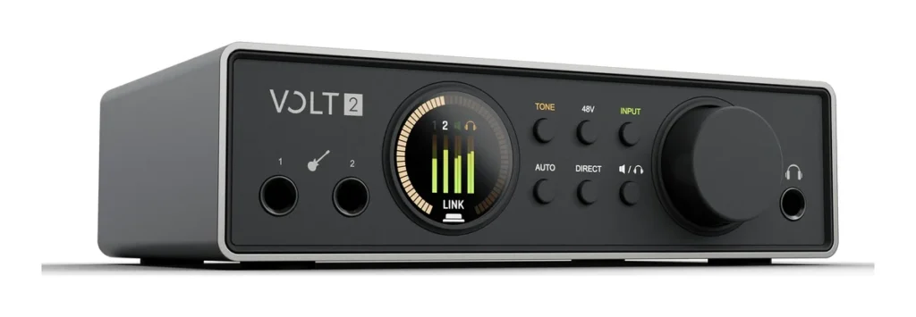 Universal Audio Volt 2 Gen 2 audio interface with its color display and large monitor knob