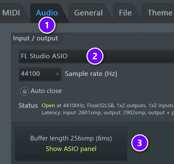 FL Studio Audio settings with the Audio tab (1), the driver menu (2) and Buffer length (3) numbered