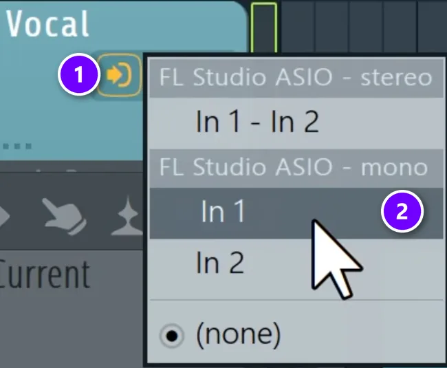 FL Studio Playlist track input menu with the input icon (1) and the mono In 1 input (2) numbered