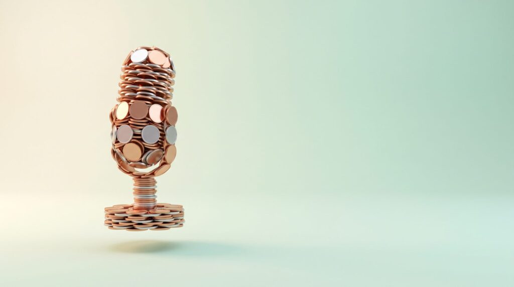 3D render of a studio microphone built from stacked copper and silver coins, floating over a soft mint background