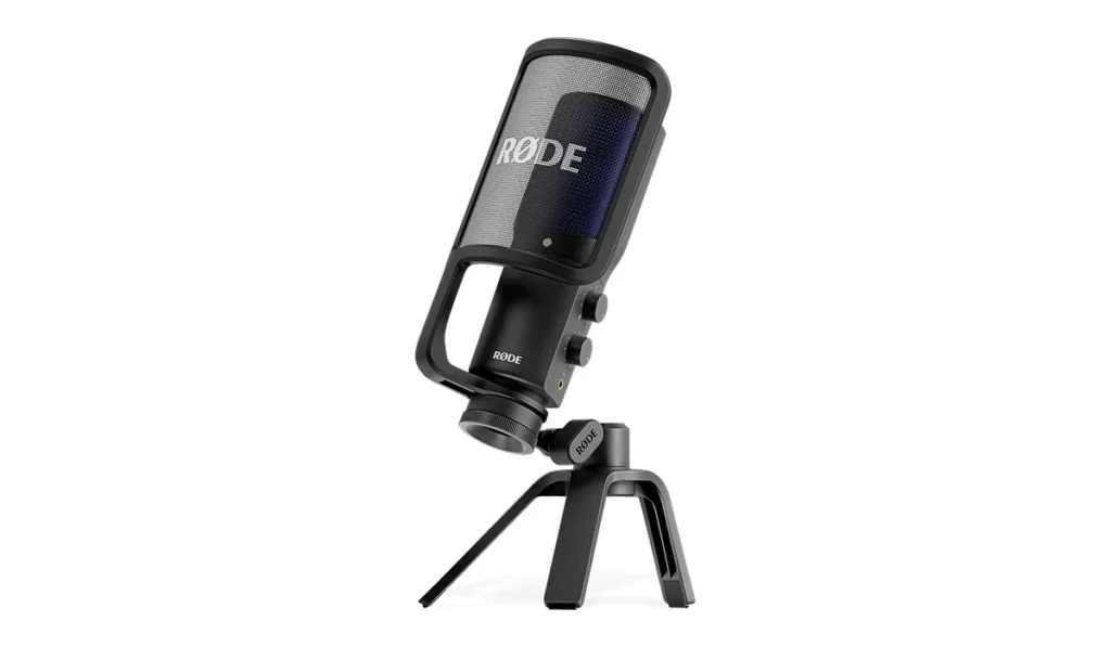 RØDE NT-USB+ USB microphone on its tripod desk stand