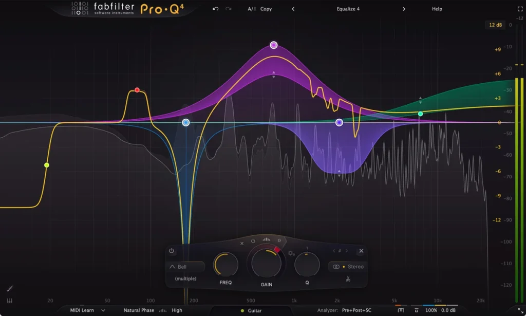 FabFilter Pro-Q 4 EQ plugin with dynamic EQ bands over a spectrum analyzer