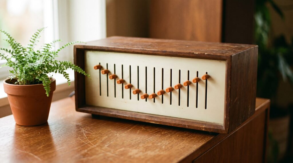 A vintage wooden equalizer with a row of orange sliders set in a gentle curve, each slider turning one slice of the sound up or down