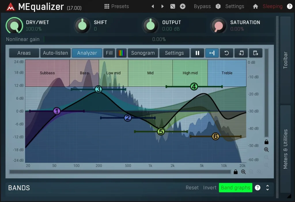 MeldaProduction MEqualizer free EQ plugin with six bands over a spectrum analyzer