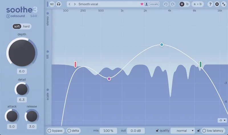 oeksound soothe3 resonance suppressor plugin showing its reduction curve over the spectrum