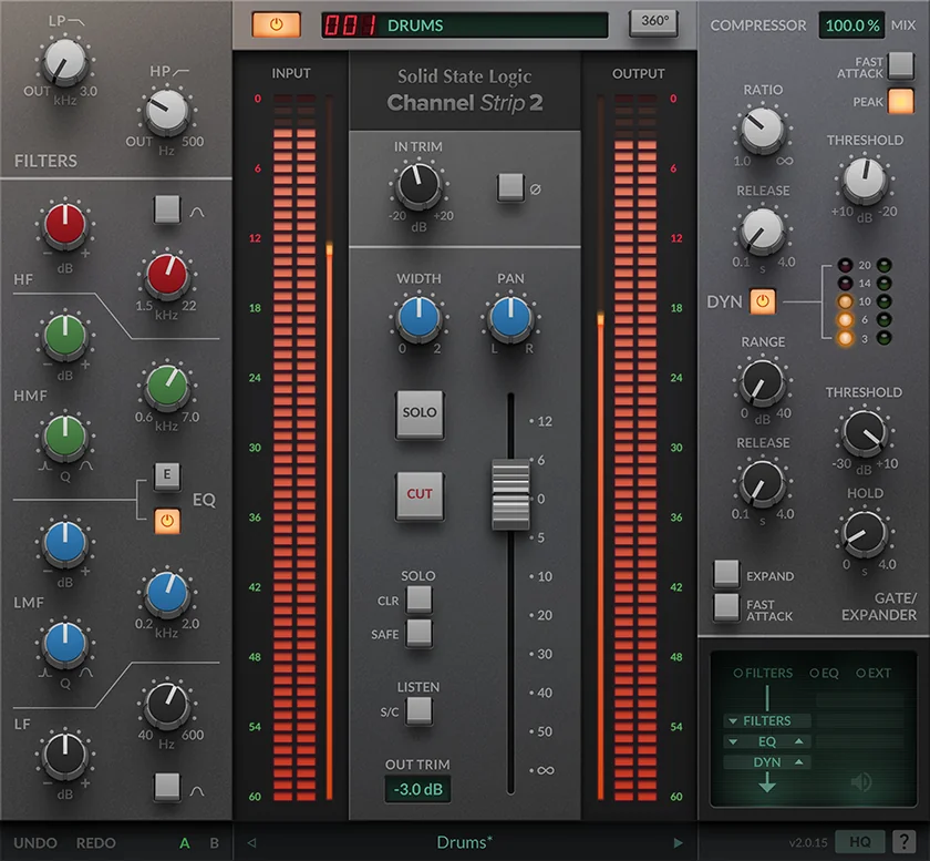 SSL Native Channel Strip 2 plugin with filters, 4-band EQ, compressor and gate