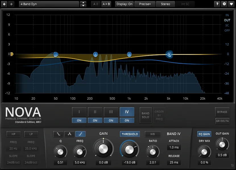 TDR Nova free dynamic EQ plugin with four bands, threshold and ratio controls