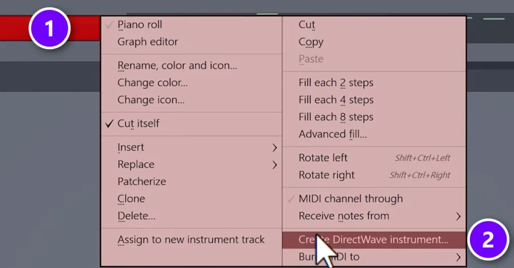 FL Studio Channel Rack right-click menu of a synth channel (1) with Create DirectWave instrument (2) highlighted