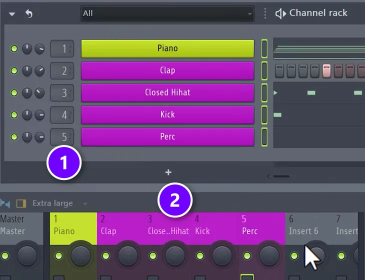 FL Studio Channel Rack after Ctrl+L, with each channel's mixer track number (1) and the named, colored mixer tracks (2)