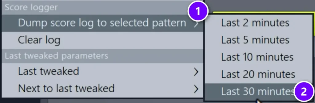 FL Studio Tools menu with Dump score log to selected pattern (1) and its Last 30 minutes option (2) numbered