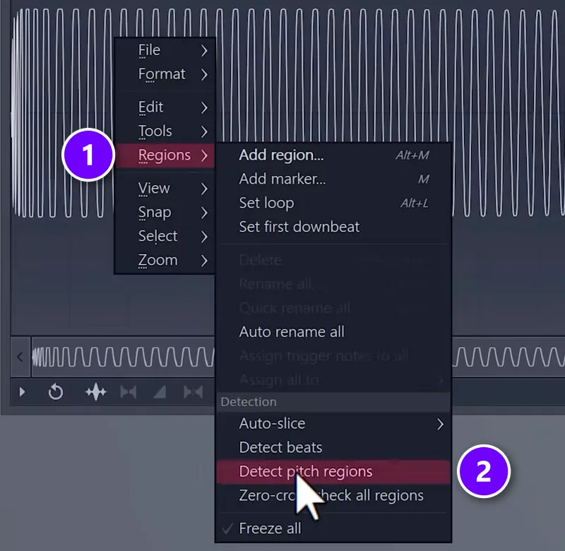 Edison right-click menu on a sample with Regions (1) and Detect pitch regions (2) highlighted