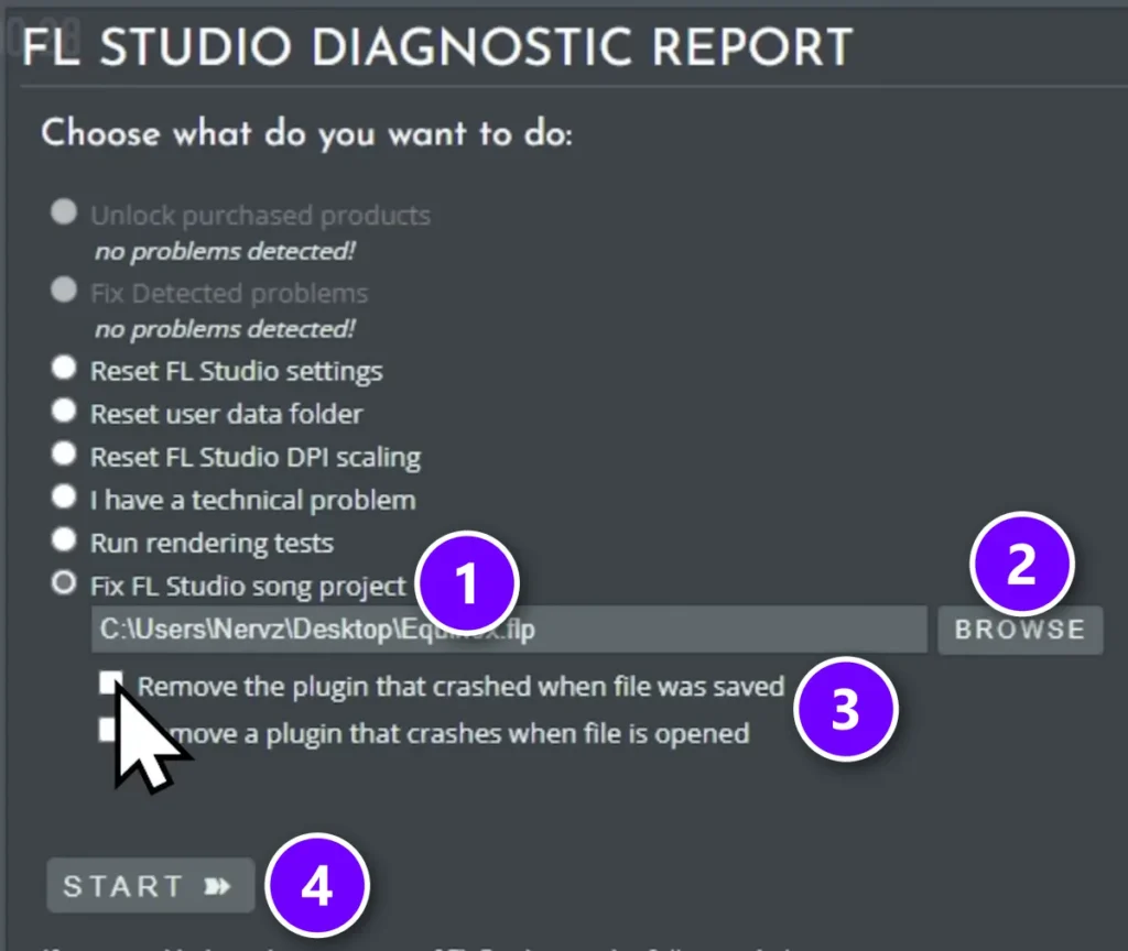 FL Studio Diagnostic Report with Fix FL Studio song project (1), Browse (2), the plugin removal options (3) and Start (4) numbered