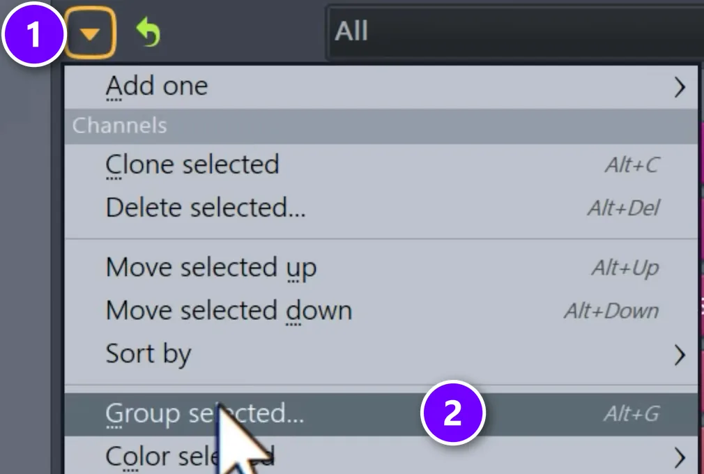 FL Studio Channel Rack menu arrow (1) opened with Group selected (2) highlighted and its Alt+G shortcut