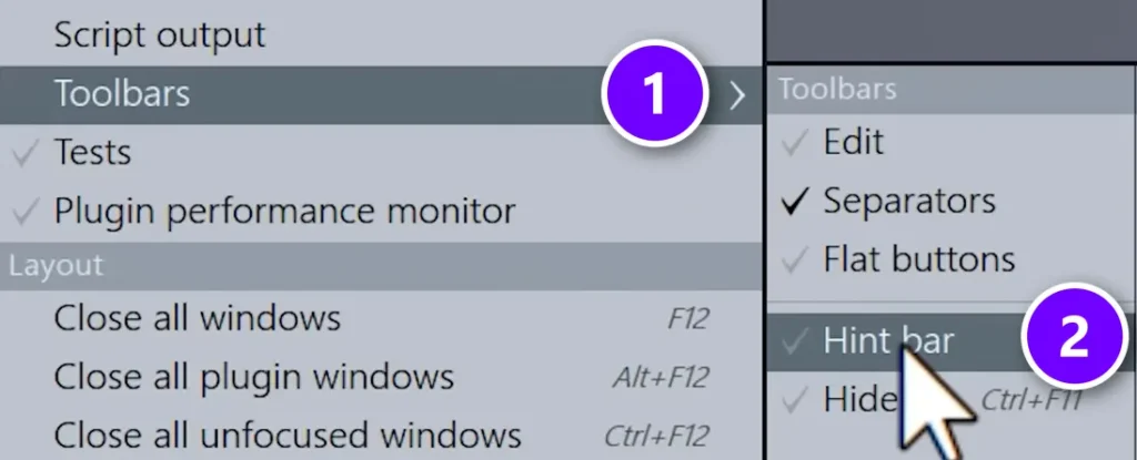 FL Studio View menu with Toolbars (1) open and Hint bar (2) highlighted