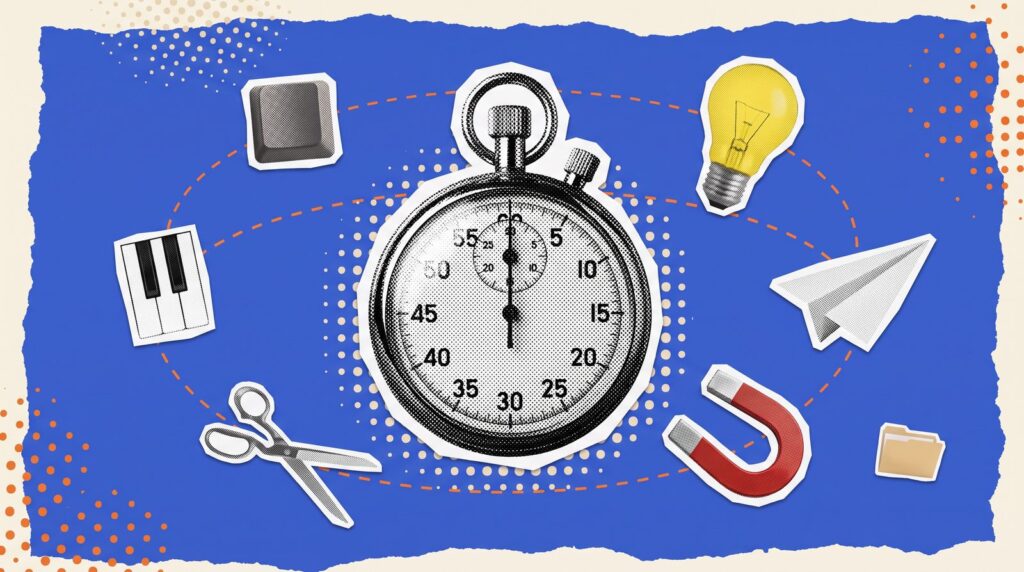Paper collage of a stopwatch with seven small time-saving objects orbiting it, from a computer key and a piano key to scissors and a paper plane