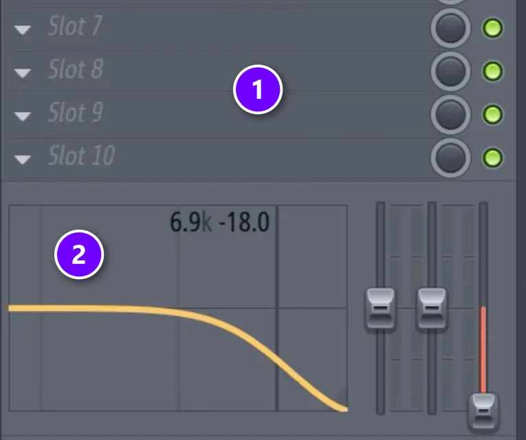 FL Studio mixer track panel with the effect slots (1) and the built-in EQ (2) rolling off the highs of a piano