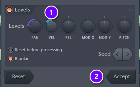 FL Studio Piano Roll Randomizer with the VEL velocity knob (1) and the Accept button (2) numbered