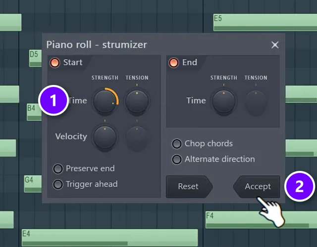 FL Studio Piano Roll Strumizer window with the Time knob (1) and the Accept button (2) numbered