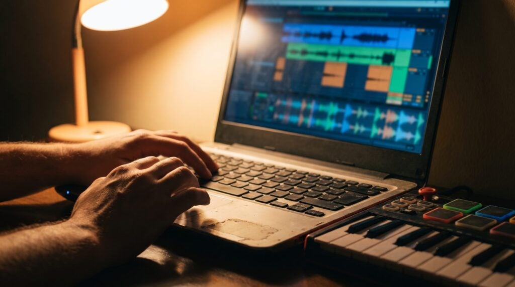 Producer using keyboard shortcuts on a laptop at night next to a small MIDI keyboard