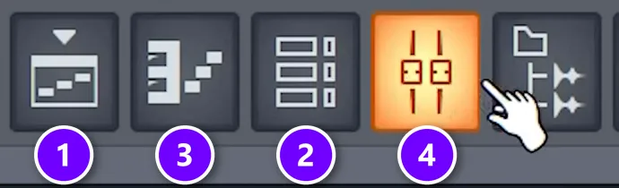 FL Studio toolbar buttons for the Playlist (1), Channel Rack (2), Piano Roll (3) and Mixer (4)