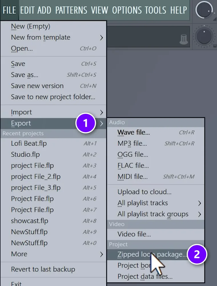FL Studio File menu with Export (1) open and Zipped loop package (2) highlighted