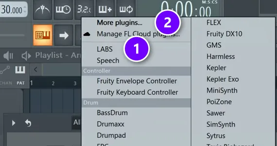 FL Studio Channel Rack add menu with a starred plugin numbered 1 and More plugins numbered 2