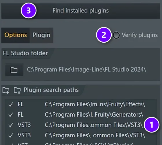 FL Studio Plugin Manager with the VST3 search path numbered 1, Verify plugins numbered 2 and Find installed plugins numbered 3